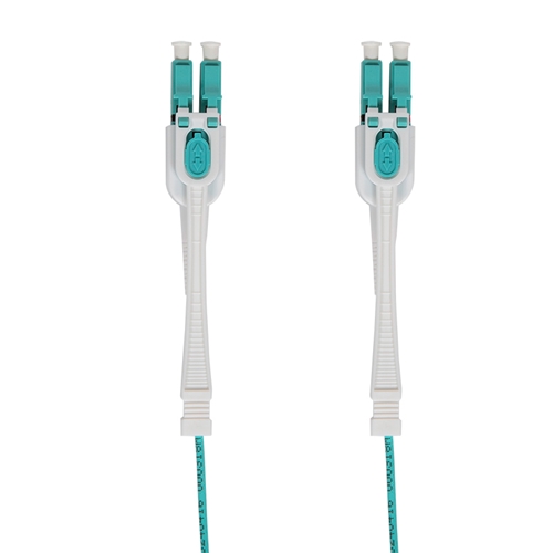 Push-Pull OM4 LC/UPC - LC/UPC Multimode Duplex Fiber Optic Patch Cable, Aqua